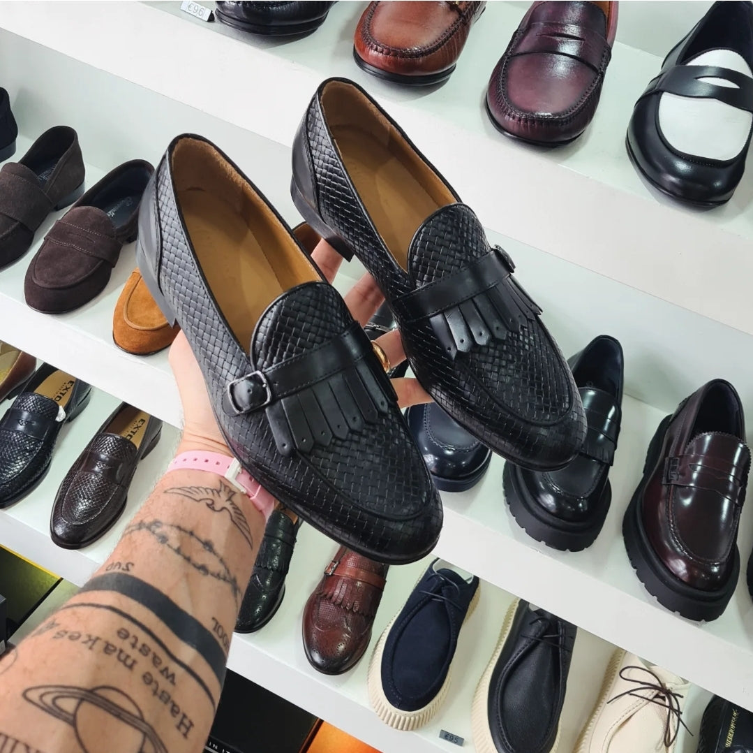 FERRINO Milano - A115 Fibbia e Frangia Pelle Stampato Nero